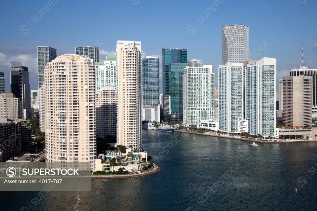 Aerial of Miami Skyline from near Miami River and Brickell Key