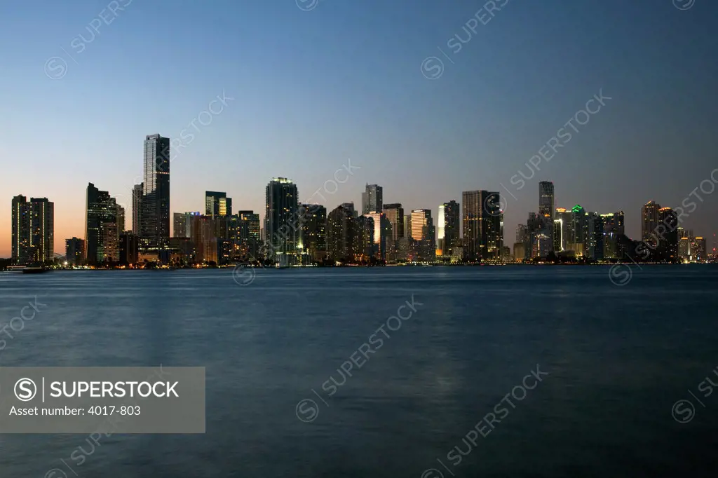 Miami Skyline and Biscayne Bay from Virginia Key at dusk