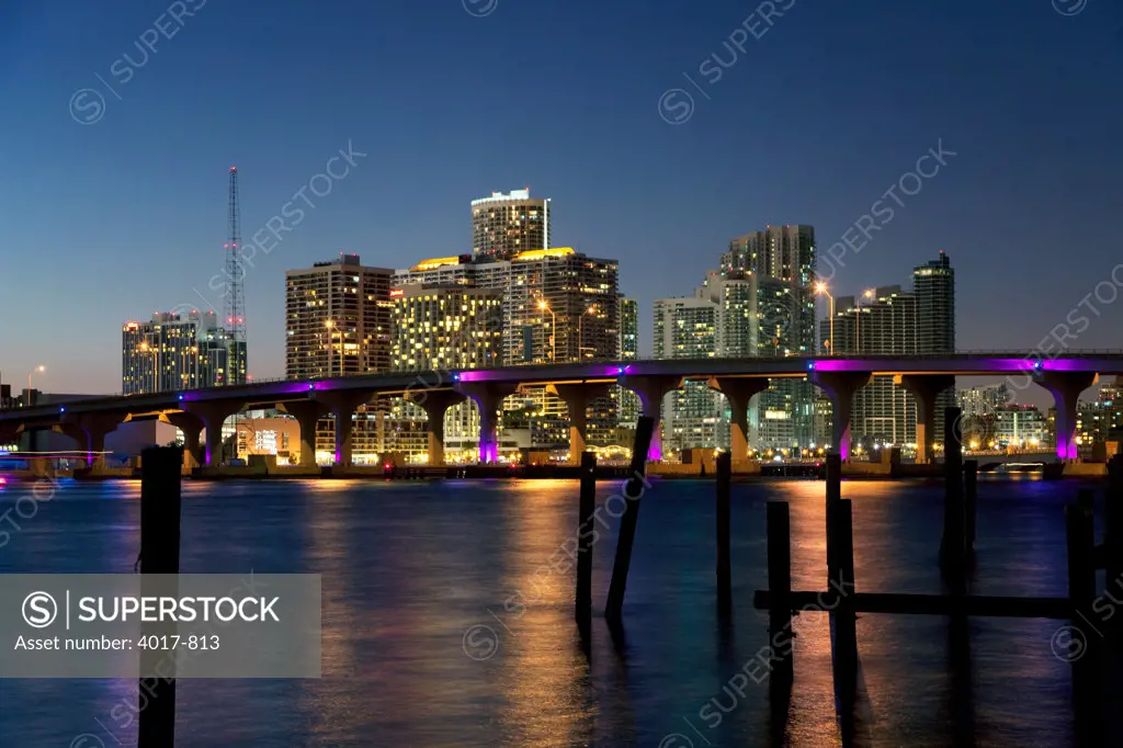Macarthur Causeway and norhtern Downtown Miami at dusk