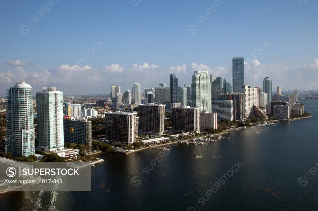 Aerial of Brickell District of Downtown Miami Skyline from over Biscayne Bay