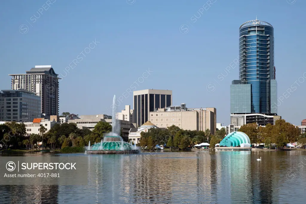 Downtown Orlando Skyline from Lake Eola with fountain