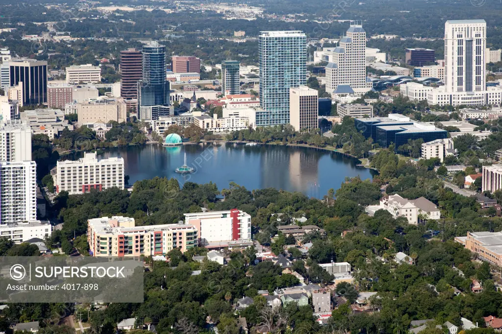 Aerial of Downtown Orlando Skyline and Lake Eola