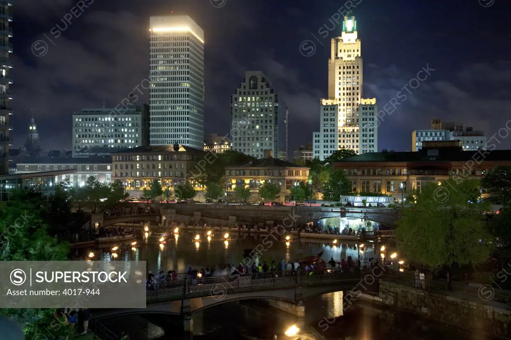 Providence Rhode Island Skyline at dusk during WaterFire event