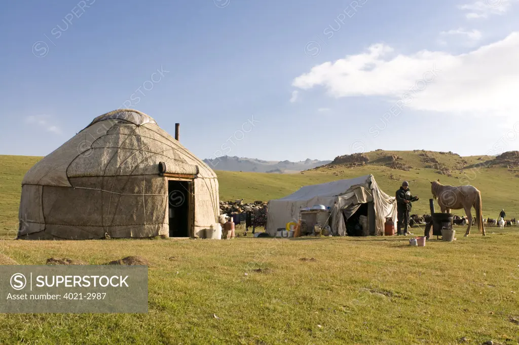 Kyrgyzstan, Song Kol, Landscape with yurts
