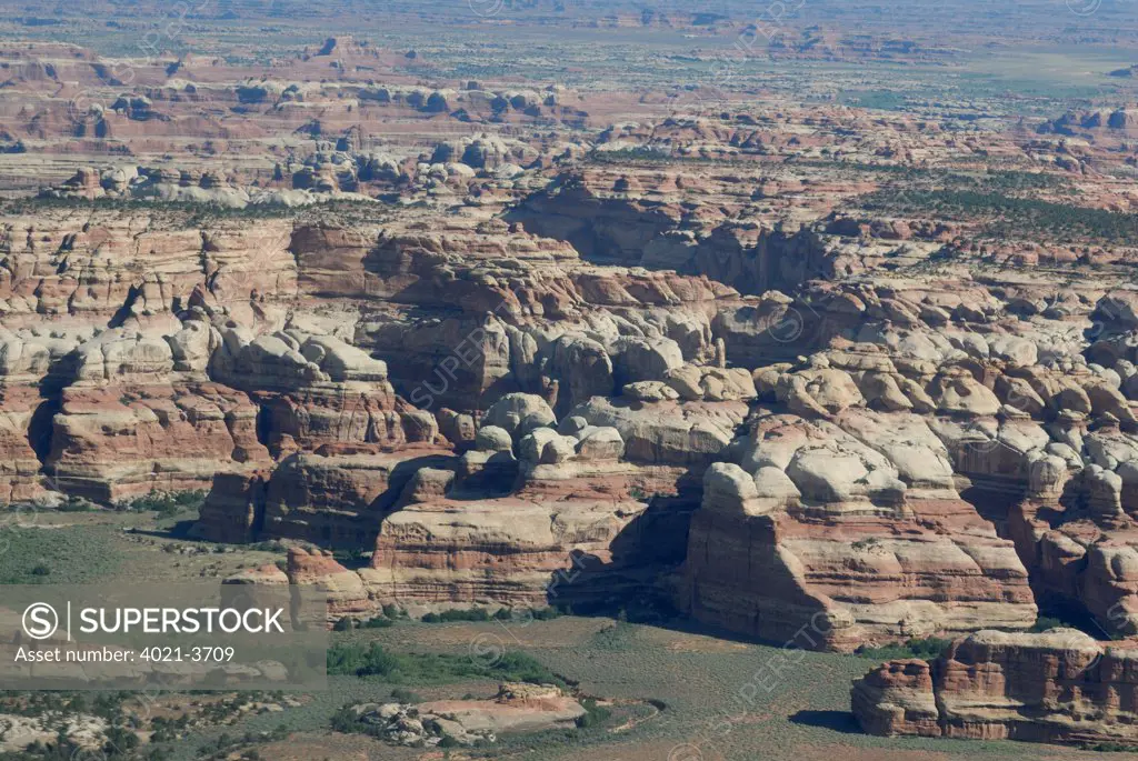 Aerial view of the Needles rock formations at Canyonlands National Park, Utah, USA