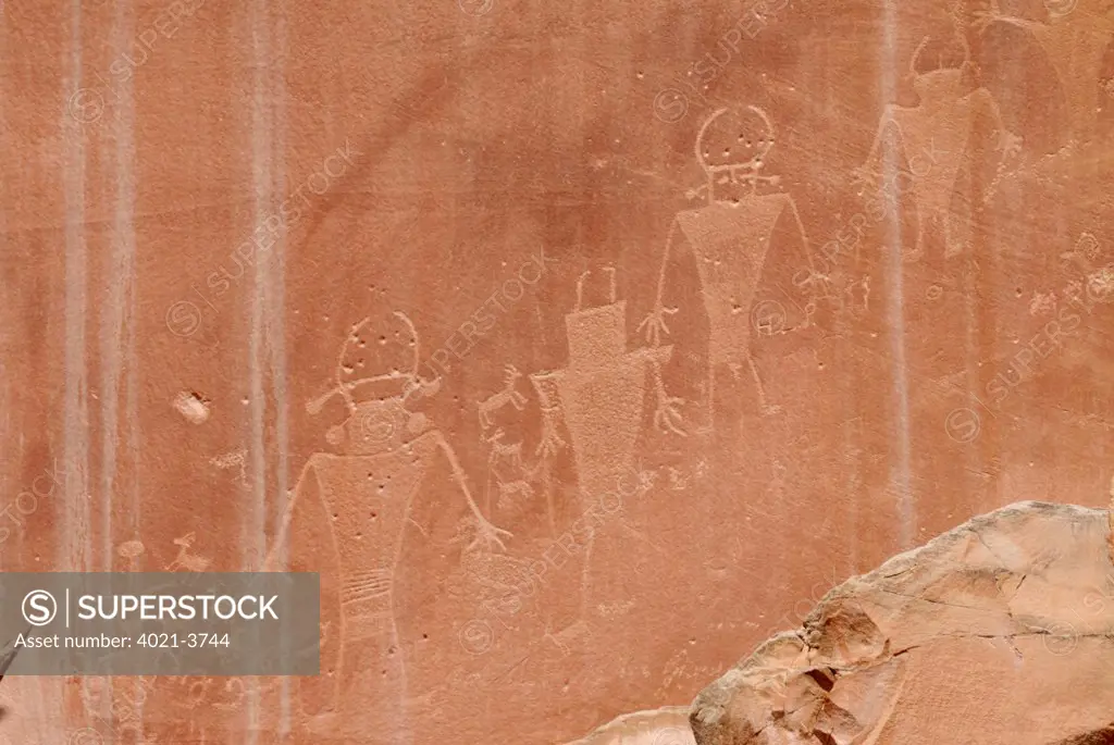 Indian petroglyphs on a rock at the Capitol Reef National Park, Utah, USA