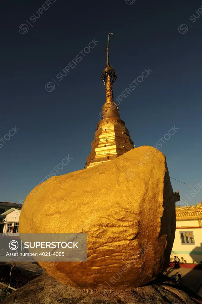 Pagoda on the golden rock at sunset, Kyaiktiyo Pagoda, Mon State, Myanmar