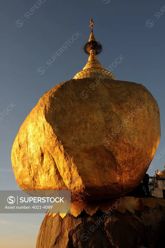 Pagoda on the golden rock at sunset, Kyaiktiyo Pagoda, Mon State, Myanmar