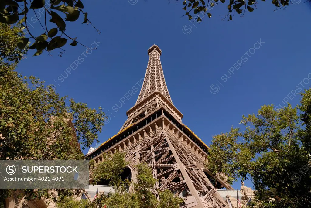 Low angle view of Paris Las Vegas Casino with replica of Eiffel Tower, Las Vegas, Nevada, USA
