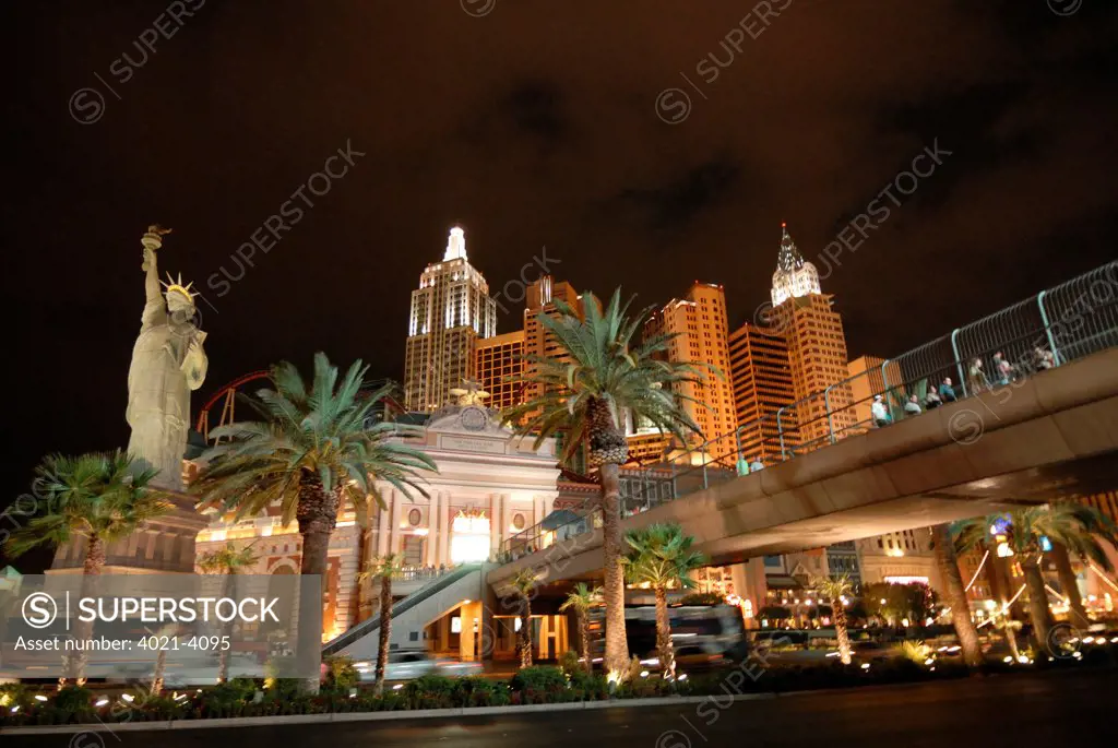New York New York hotel and casino lit up at night, Las Vegas, Nevada, USA