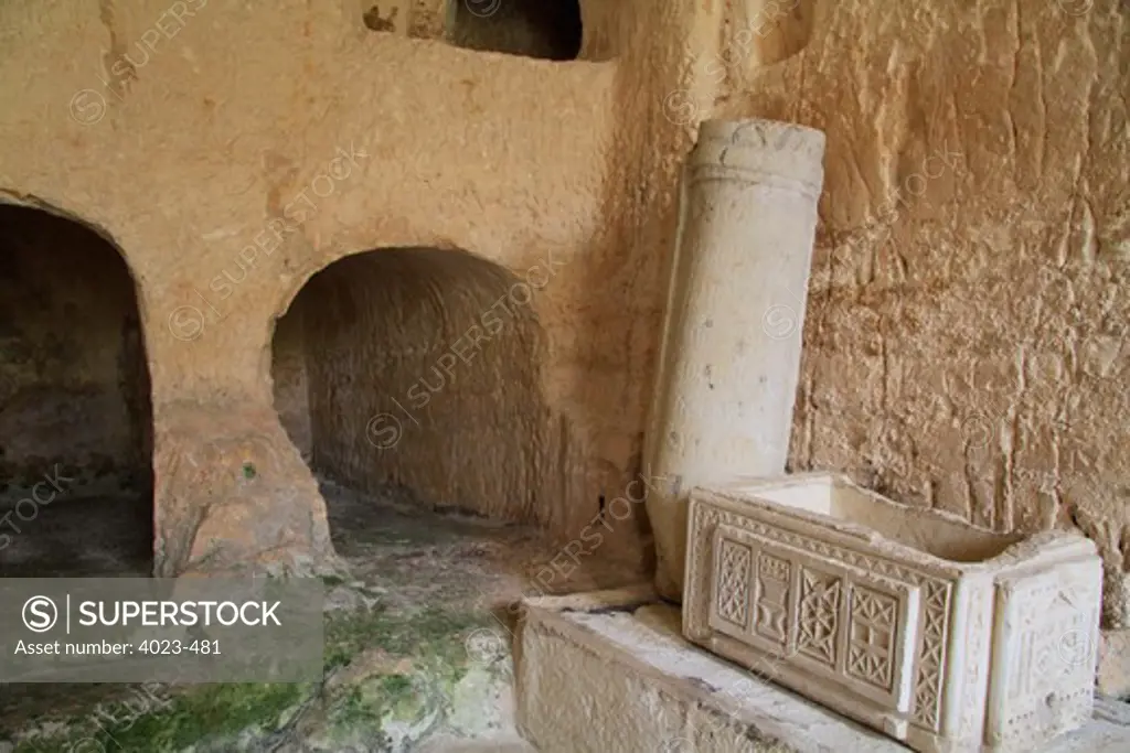 Ancient burial caves at a monastery, Greek Orthodox St. Onuphrius Monastery, Hinnom Valley, Jerusalem, Israel