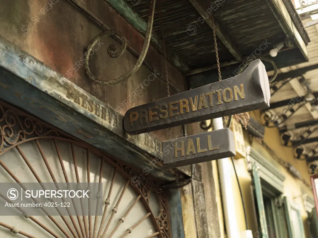 Low angle view of an entertainment building, Preservation Hall, French Quarter, New Orleans, Louisiana, USA