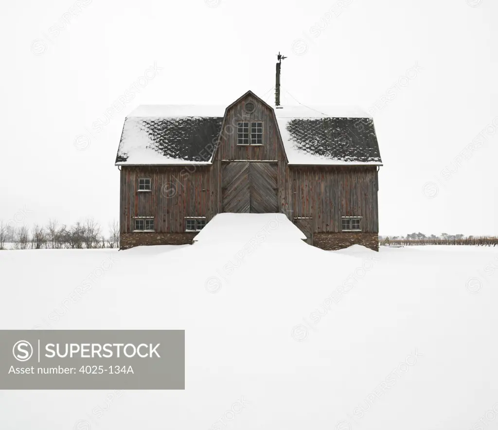 Wooden barn in winter, Saint Catharines, Niagara Region, Ontario, Canada