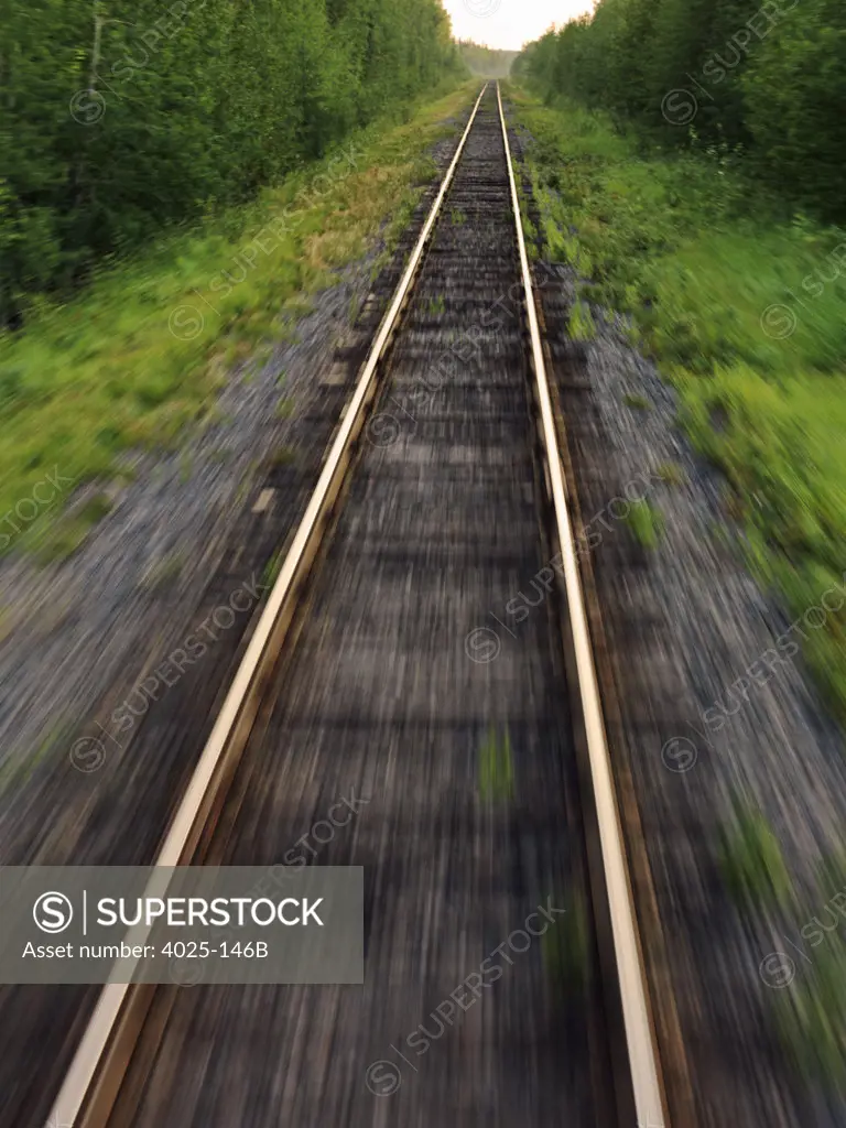 Railroad track passing through a forest, Manitoba, Canada