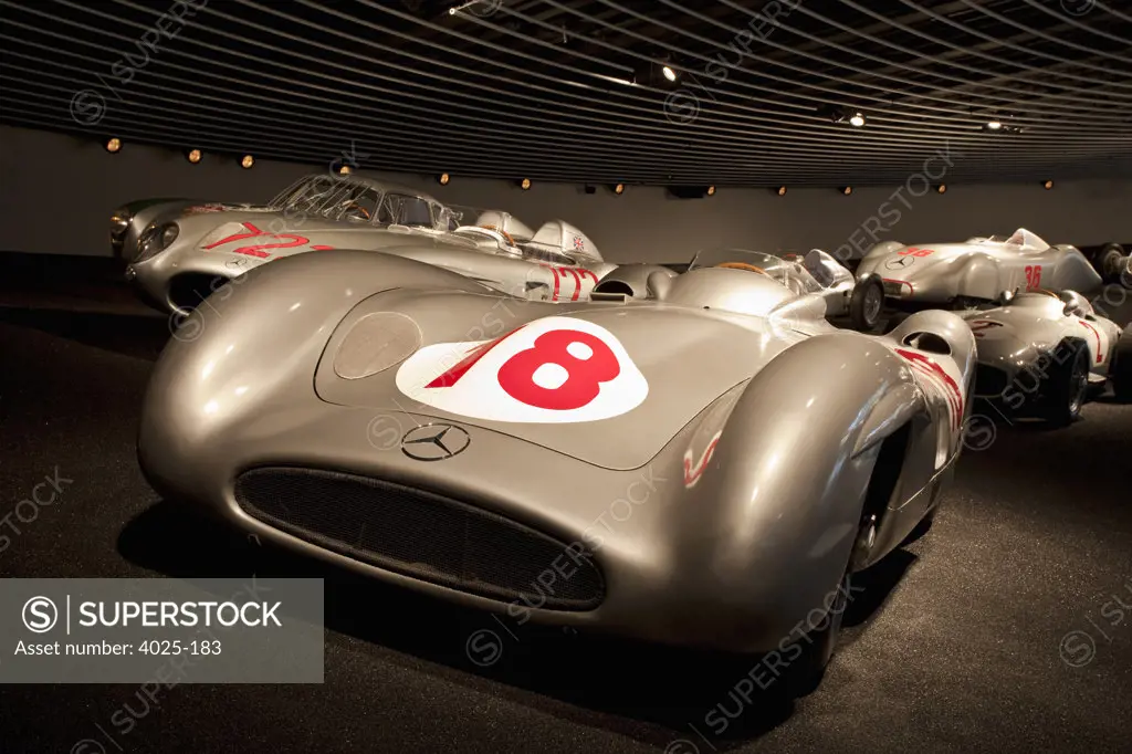 Collection of Silver Arrows in a museum, Mercedes-Benz Museum, Stuttgart, Baden-Wurttemberg, Germany