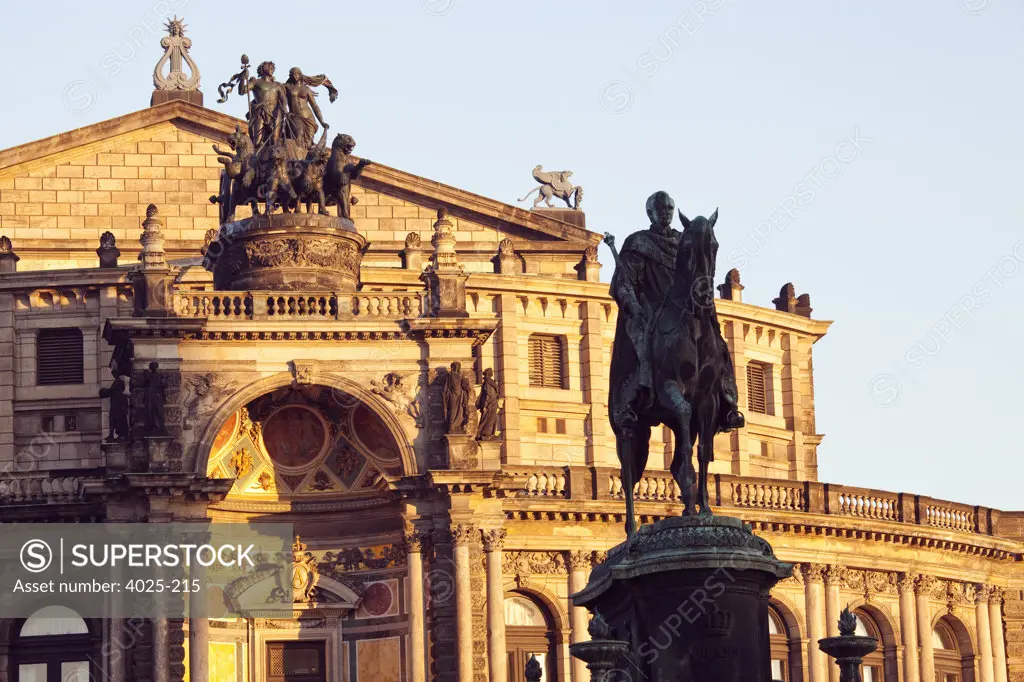 Equestrian statue in front of an opera house, Semper Opera House, Dresden, Saxony, Germany