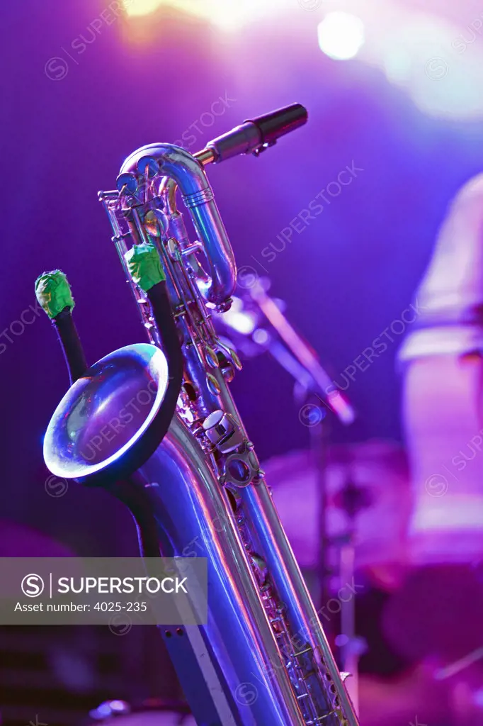 Canada, Quebec, Montreal, Montreal Jazz Festival, Close up of saxophone on stage