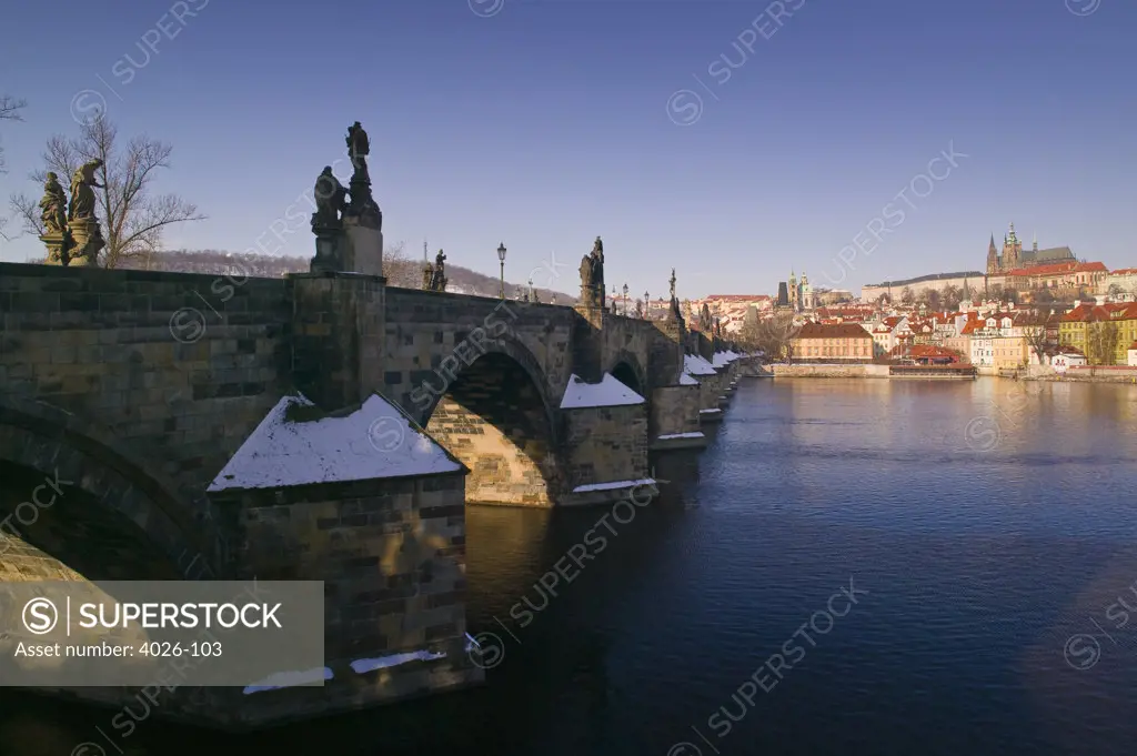 Charles Bridge & Vltava River Prague Czech Republic in the snow
