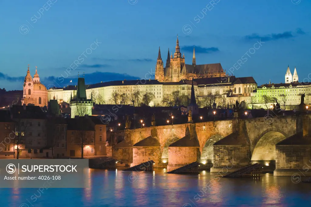 Charles Bridge & Vltava River Prague Czech Republic at twilight
