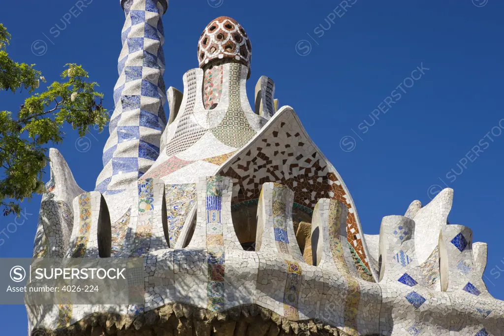 Spain, Catalonia, Barcelona, Building roof Park Guell,