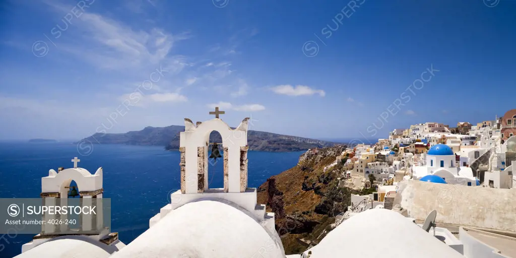 Greece, Cyclades, Santorini Island, Oia, Typical architecture with church domes and bell tower