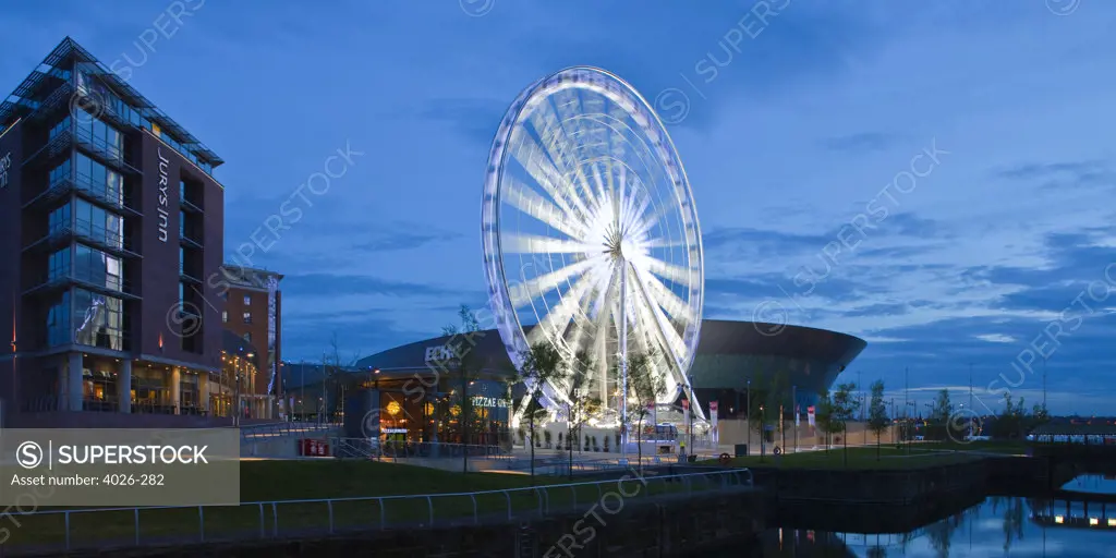 Ferris wheel in an amusement park, Echo Arena Liverpool, Liverpool, England