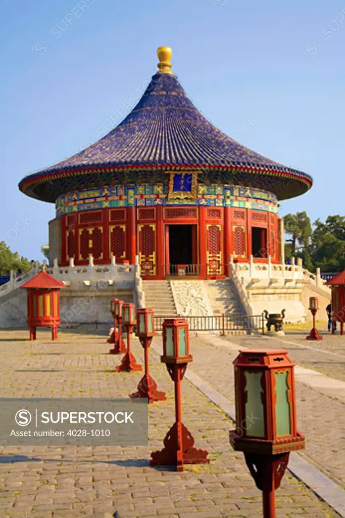 China, Beijing, Tian Tan Park, Temple of Heaven, The Imperial Vault of Heaven lined with lanterns.