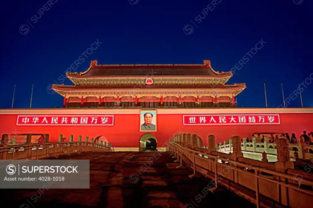 China, Beijing, The Forbidden City, Gate of Heavenly Peace, entrance at the North Gate, Illuminated at night.
