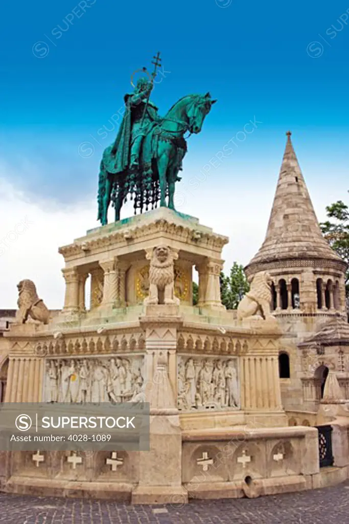 Hungary, Budapest, Fisherman's Bastion, Large bronze statue of Stephen I of Hungary, Szent Istvan (Saint Stephen) on a horse.