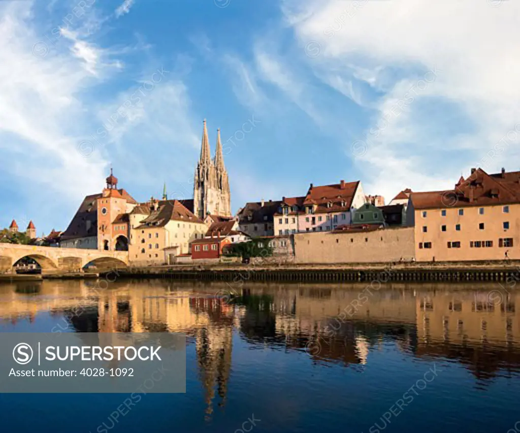 Germany , Regensburg, Old Town Skyline with St. Peter's Cathedral & Danube River. The Stone Bridge (Steinere Brucke)
