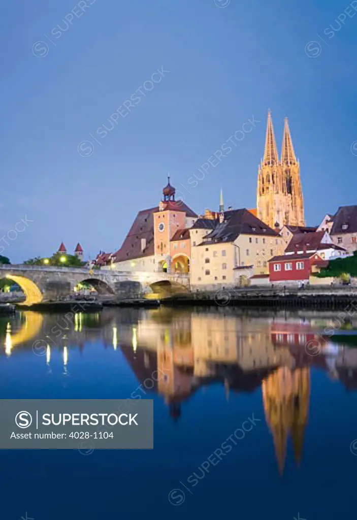 Germany , Regensburg, Old Town Skyline with St. Peter's Cathedral & Danube River. The Stone Bridge (Steinere Brucke).