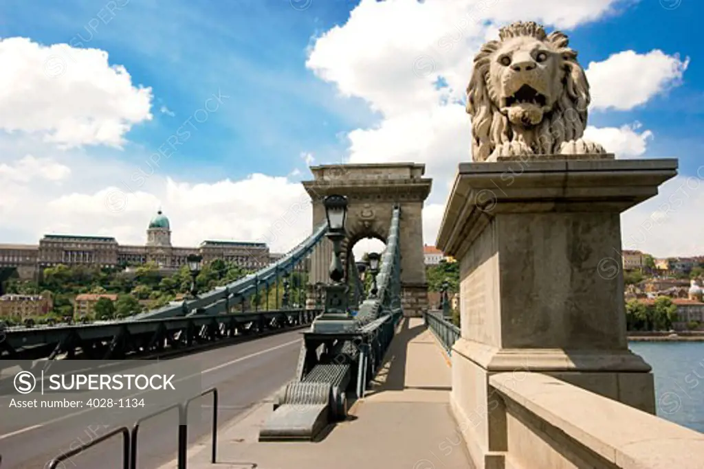Budapest, Hungary, Chain Bridge, Stone Lion, Danube River.