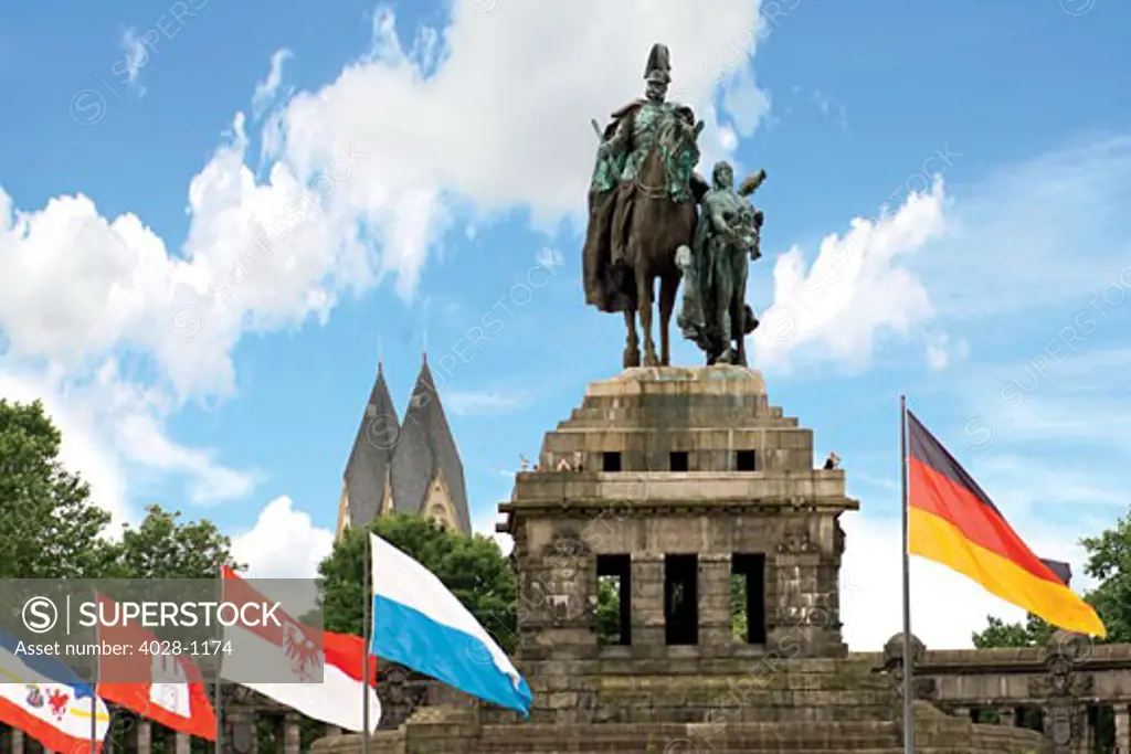 Koblenz, Germany, The Monument at the German Corner, Deutsches Eck, Where the Rhine River meets the Moselle River. The statue on horseback is of German Emperor William I.