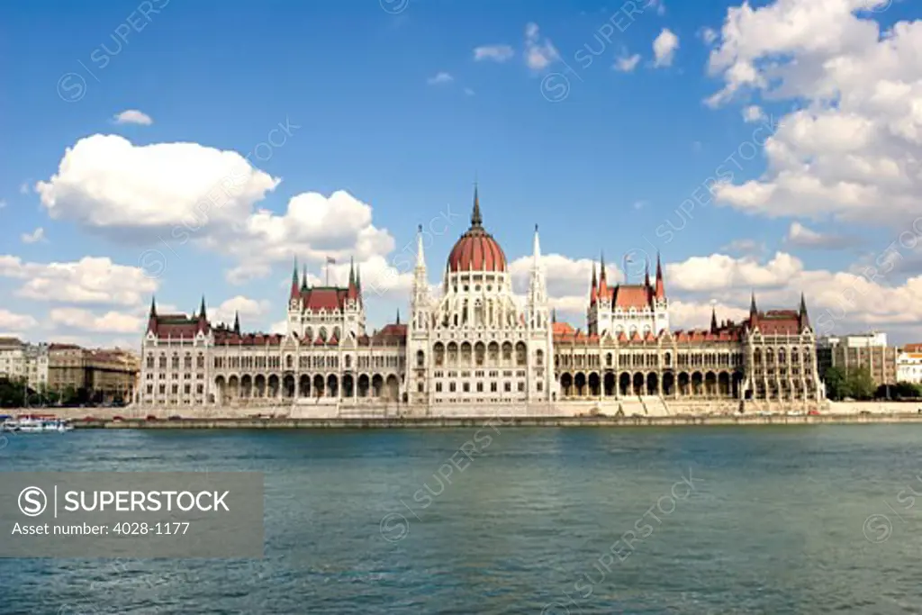 Hungary, Budapest, View of the Parliament and the Blue Danube River.