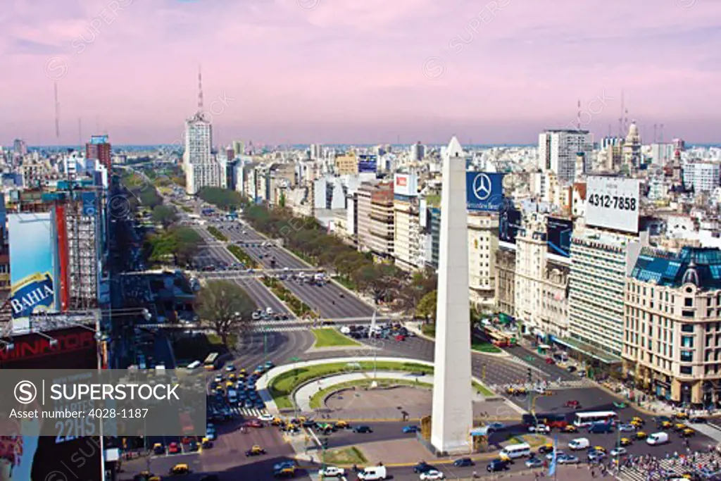 Buenos Aires, Argentina, Ariel view of the Obelisk of Buenos Aires, Standing 220 ft/67 m high in the Plaza de la Republica (at the intersection of Avenida 9 de Julio and Avenida Corrientes)