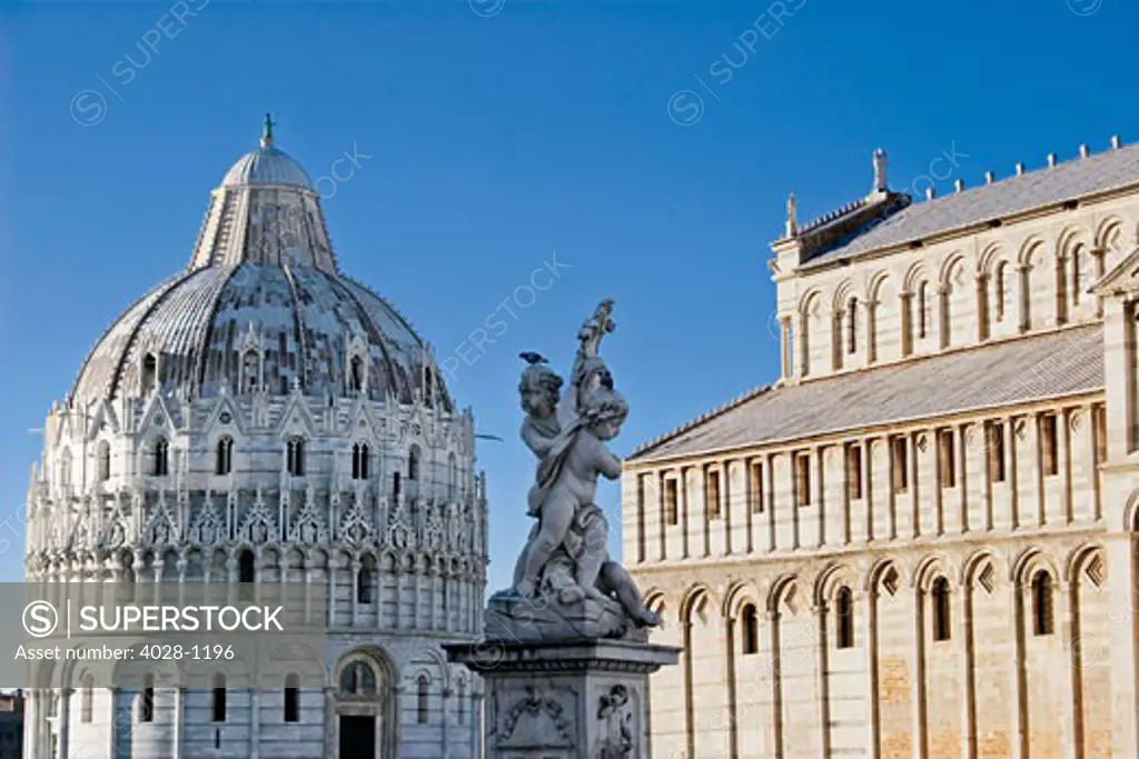 Pisa, Italy, Tuscany, Piazza dei Miracoli, Opa Cherubs, Baptistery and Duomo Cathedral