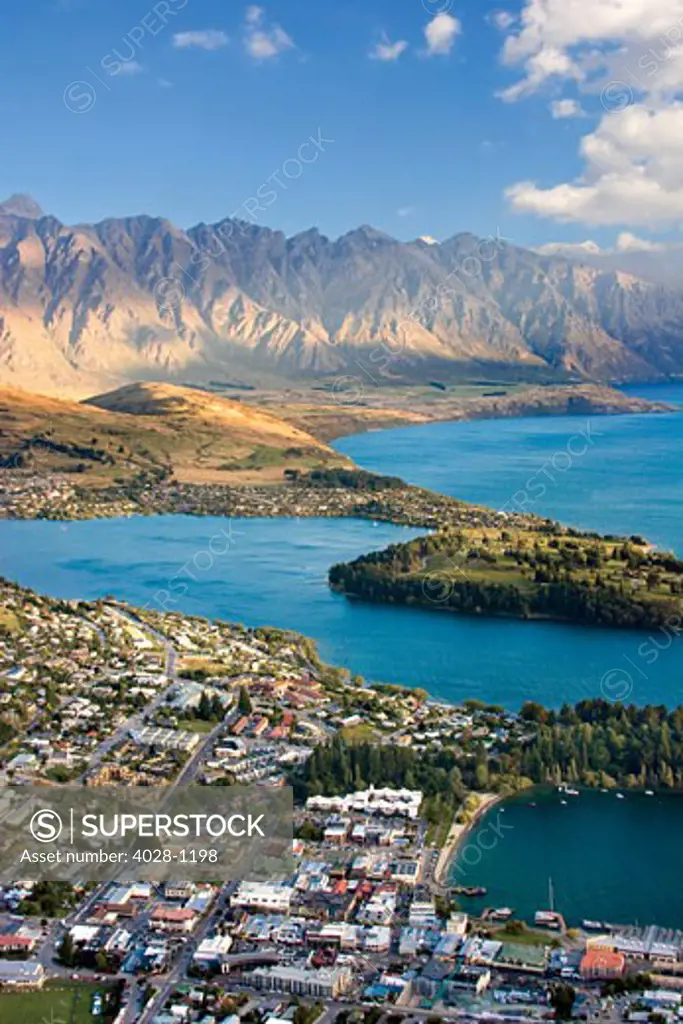 New Zealand, South Island, View towards Queenstown and Wakatipu Lake with the Formidable Mountain Range in the bakcground.