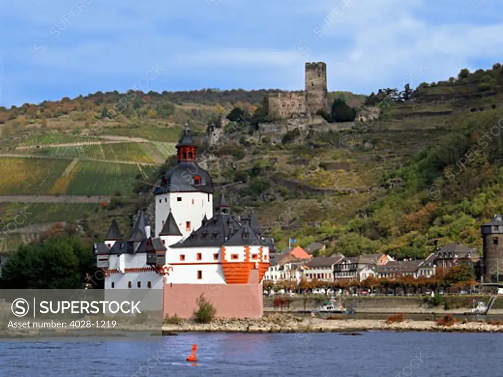 Germany, Kaub, The Pfalz Castle in the Foreground, Gutenfels Castle on the Hill Above & Rhine River