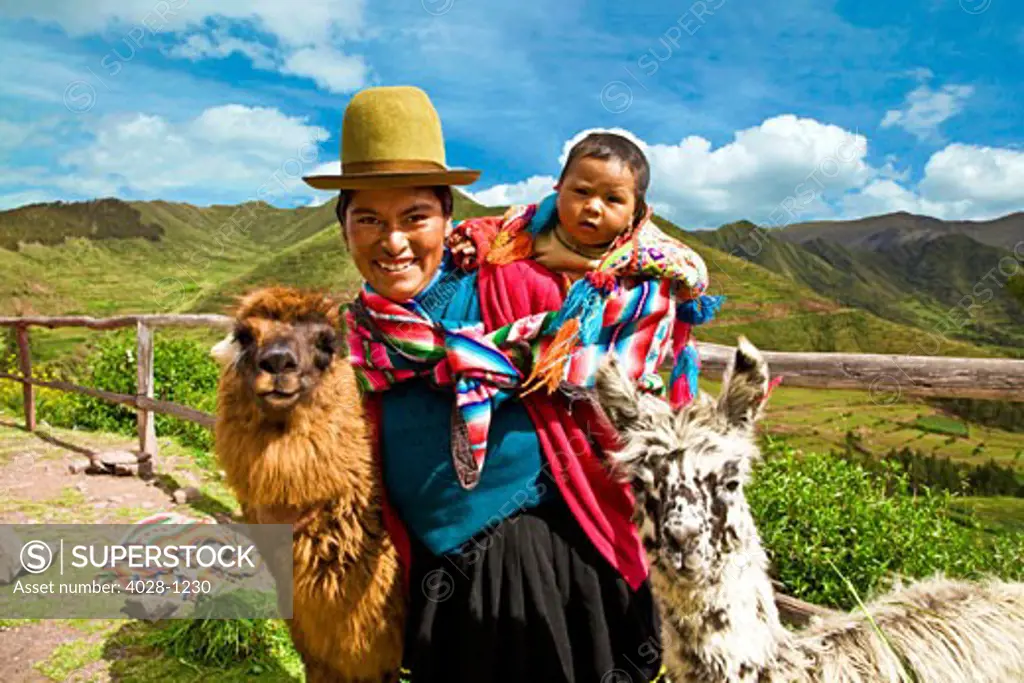 Cusco, Peru, A local woman in traditional clothing with a swaddled babt on her back leads her llamas through the along the Sacred Valley of Peru.