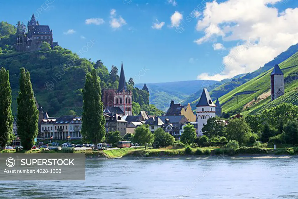 A view of the village of Bacharach and Stahleck Castle, Rheinland-Palatinate, Germany from the Rhine River.