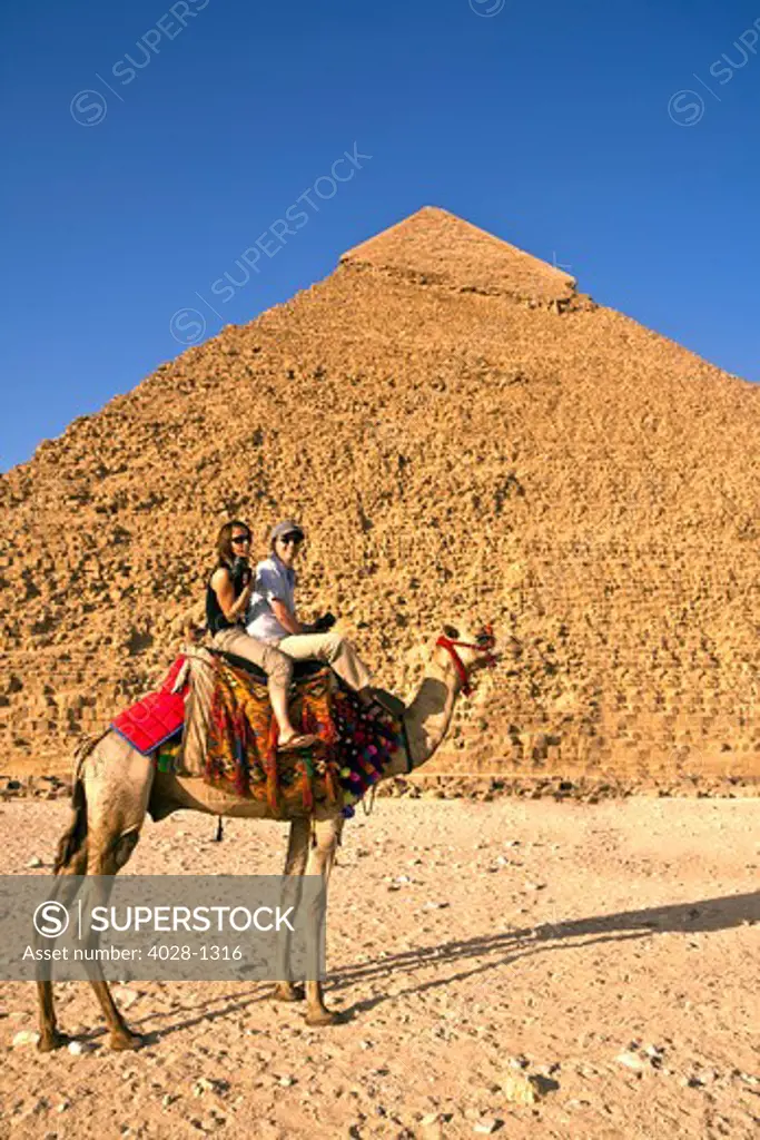 Tourists ride a camel in front of the Great Pyramids of Egypt in Cairo on the Giza Plateau.