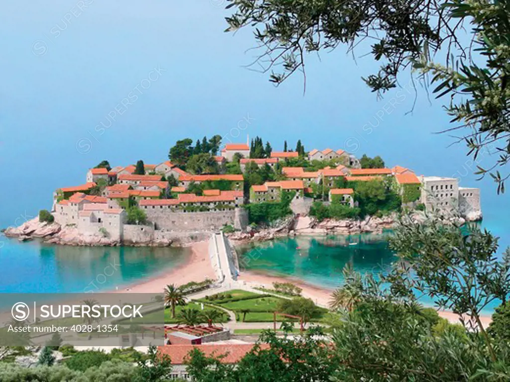 A city view of the island and village of Sveti Stephan in Montenegro