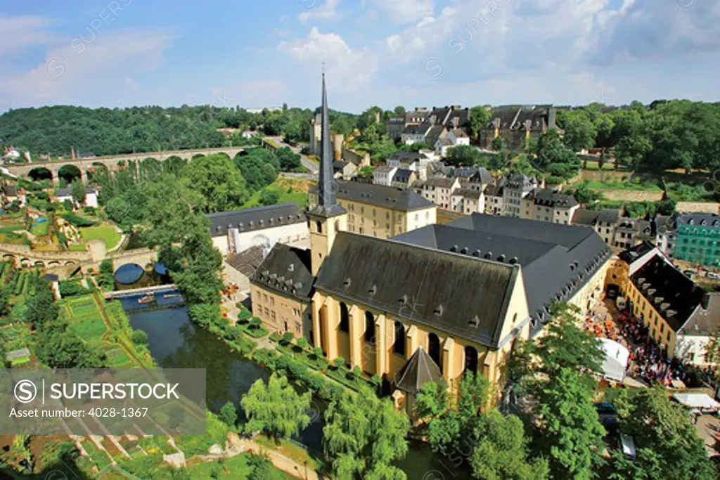City view of St. Johanneskirche and abbey Neumuenster, Grund, Luxemburg, Europe