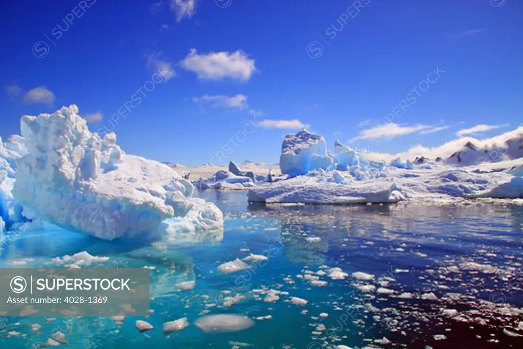 Icebergs and ice flows in the Artic Sea, near Paradise Harbor, Antarctica