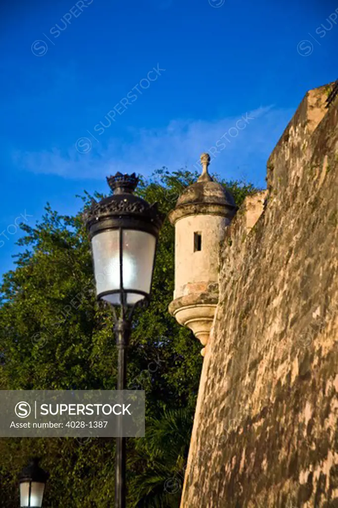 Puerto Rico, San Juan, Fort San Felipe del Morro, view of guard tower and ornate street lamp.