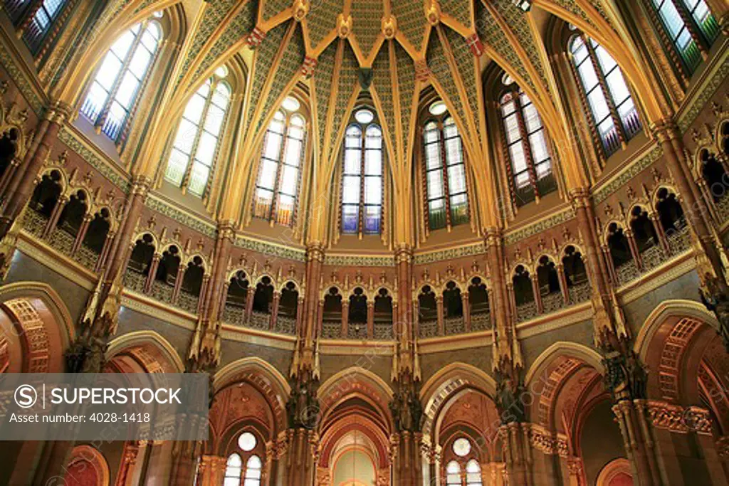 Hungary, Budapest, Parliament Building, Interior view of Dome.
