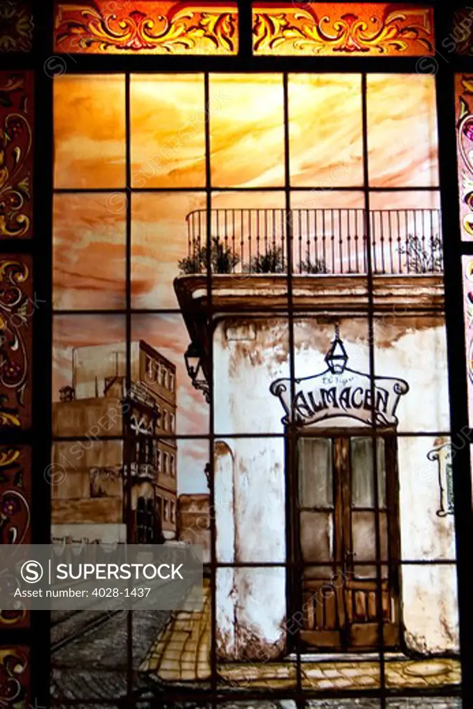 Buenos Aires, Argentina. Stain Glass depiction of the world famous El Viejo Almacen Theater Tango show.