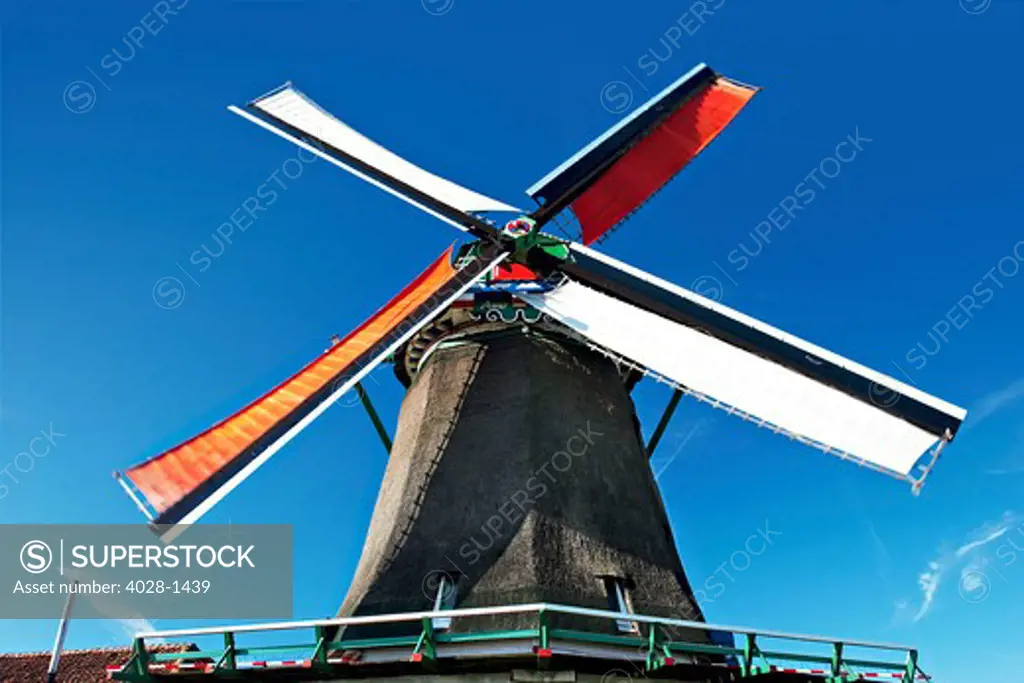 Netherlands, North Holland, Zaanstad, Zaanse Schans, Close up of windmills.
