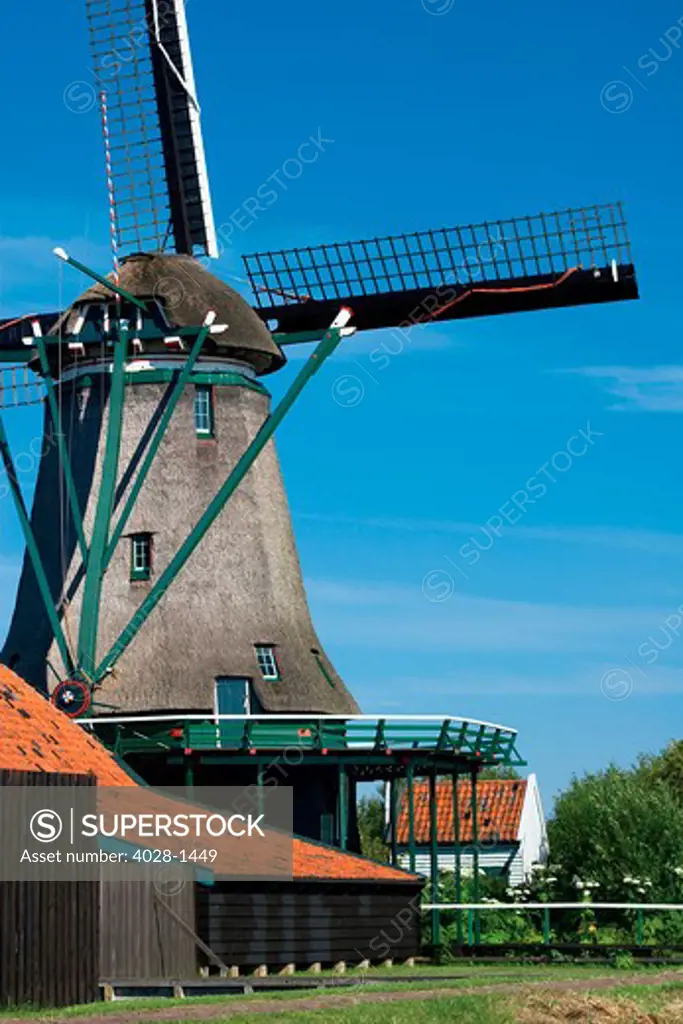 Netherlands, North Holland, Zaanstad, Zaanse Schans, Close up of windmills.