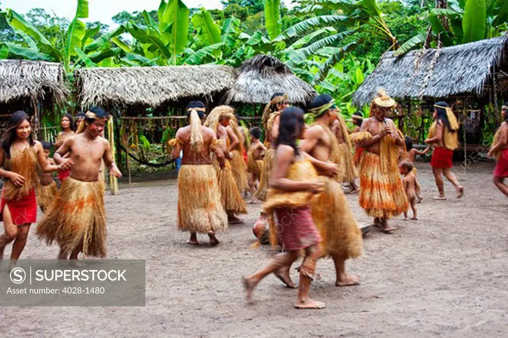 Iquitos, Peru, Amazon Jungle, A Yagua Tribe does a cermonial dance in their village square.